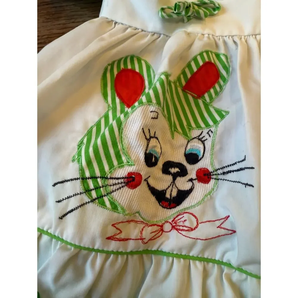 Vintage 50s  Bunny Mouse Cartoon Dress striped Puff Sleeve Peter Pan Collar 12M